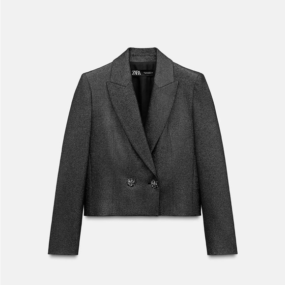 Zara Jackets & Blazers - Zara Charcoal Cropped Sparkly Double-Breasted Blazer